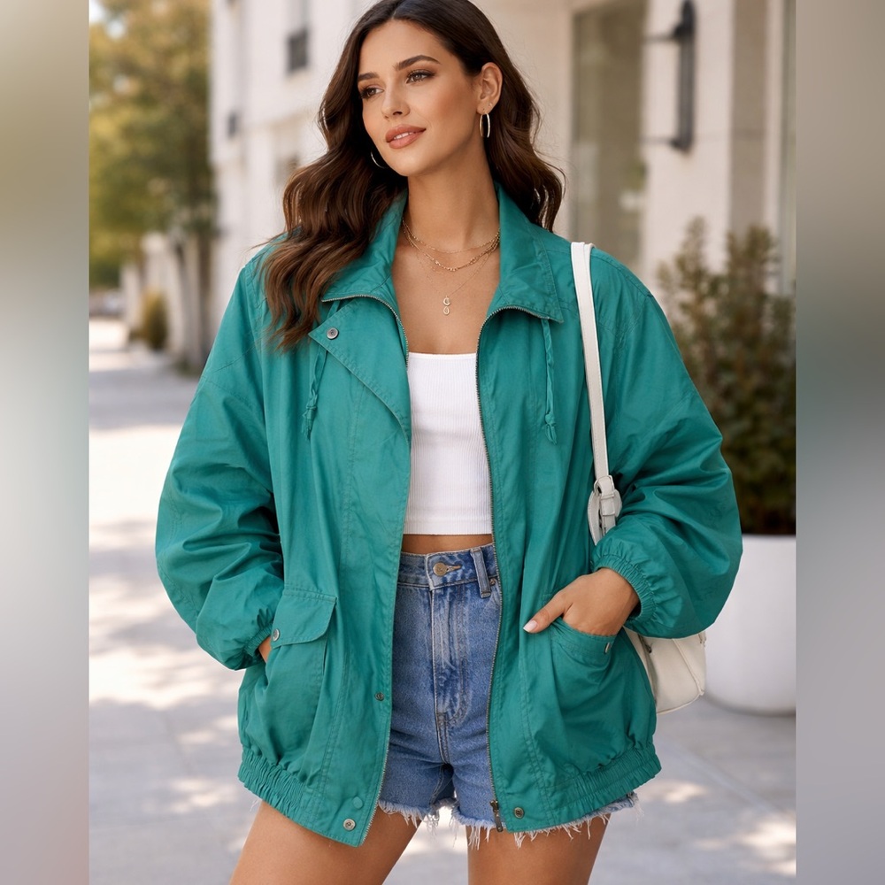Vintage Fleet Street Teal Oversized Windbreaker Jacket Retro 90s Chic Size 10